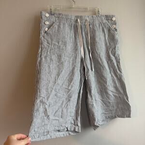 Grayish blue and white striped wide leg gaucho capris with button details